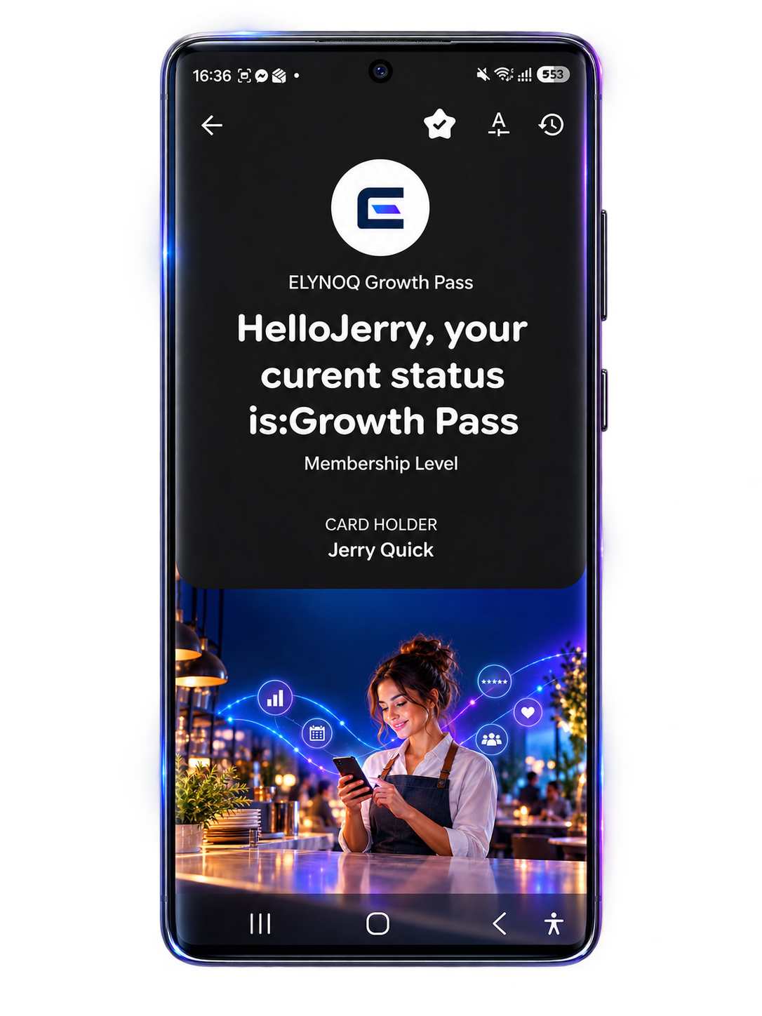 Skutečný ELYNOQ Growth Pass v telefonu